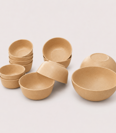 Pacing Grass Multi-Size Bowl Set with 2 serving bowls, 4 medium bowls and 6 katoris in natural sandy brown