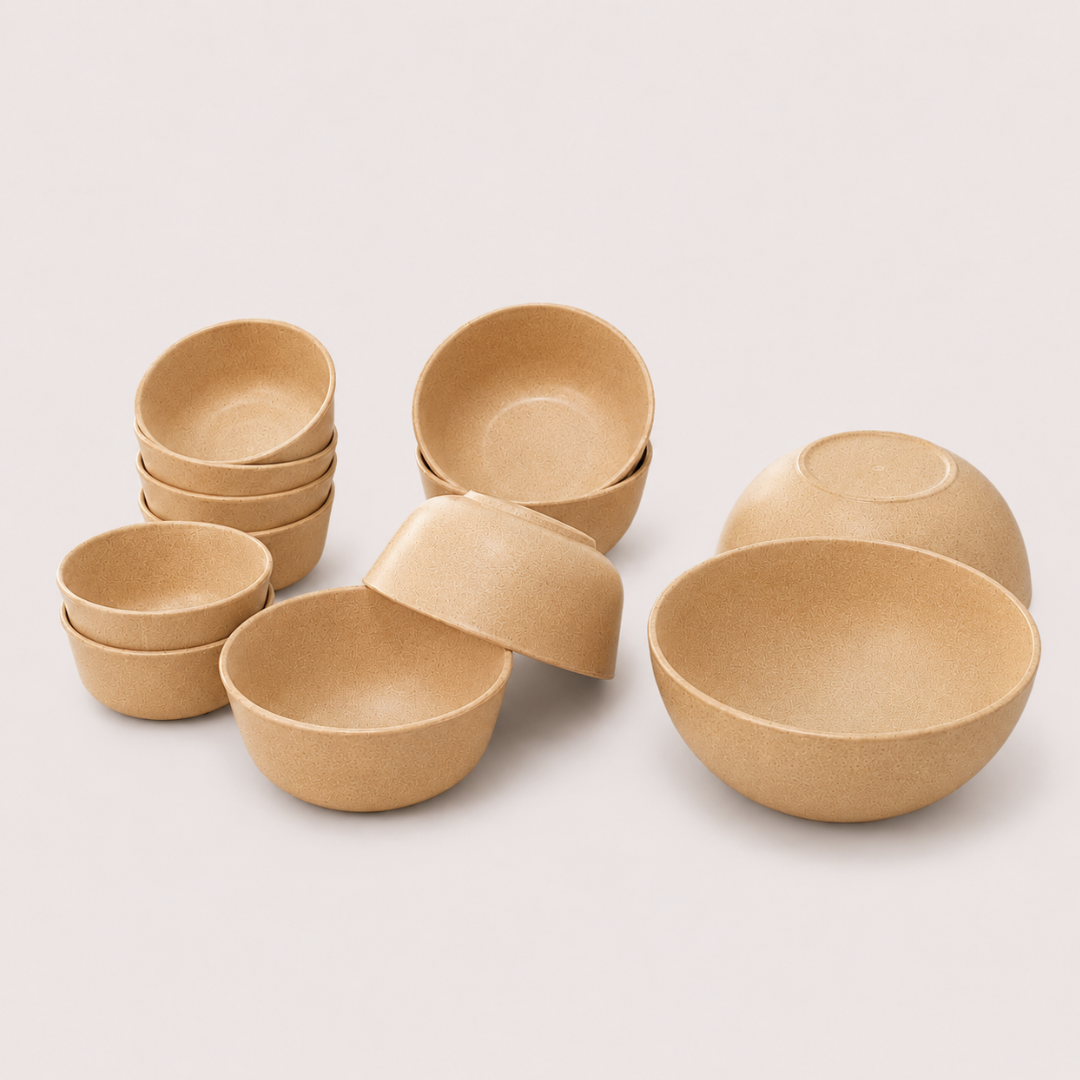 Pacing Grass Multi-Size Bowl Set with 2 serving bowls, 4 medium bowls and 6 katoris in natural sandy brown