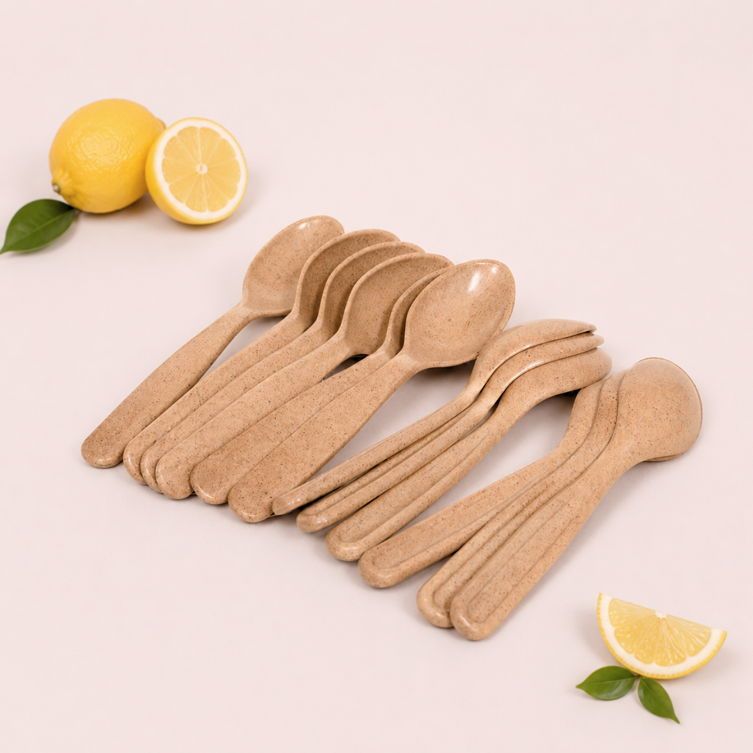 Dining Spoon Set – 12-Piece Eco-Friendly Bamboo Bio-Composite Spoon Set by Pacing Grass, BPA-Free, Food-Grade, Microwave & Dishwasher Safe
