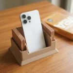 Bamboo desk organizer with coasters, premium 5-compartment set with 6 square coasters in sandy brown
