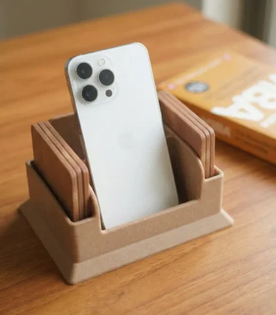 Bamboo desk organizer with coasters, premium 5-compartment set with 6 square coasters in sandy brown