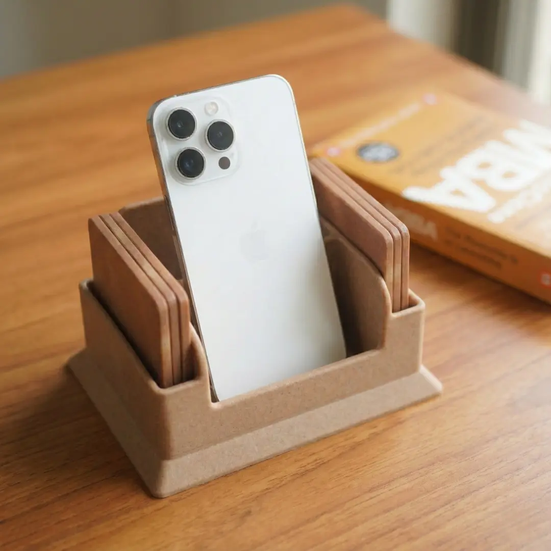 1-20 Bamboo desk organizer with coasters, premium 5-compartment set with 6 square coasters in sandy brown