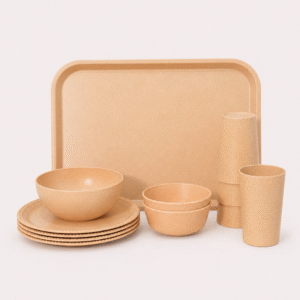 12-Piece Guest Serving Set made from bamboo fibre bio-composite with serving tray, snack plates, bowls and glasses