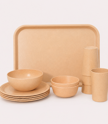 12-Piece Guest Serving Set made from bamboo fibre bio-composite with serving tray, snack plates, bowls and glasses