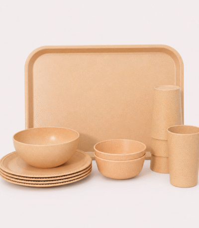 12-Piece Guest Serving Set made from bamboo fibre bio-composite with serving tray, snack plates, bowls and glasses