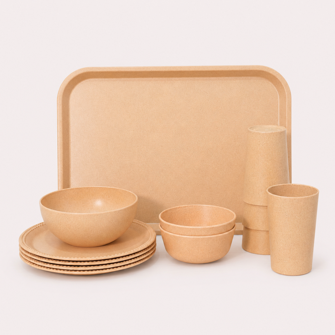 11. Bamboo Combo Lightweight Dinner Set - Pack of 12. 12-Piece Guest Serving Set made from bamboo fibre bio-composite with serving tray, snack plates, bowls and glasses