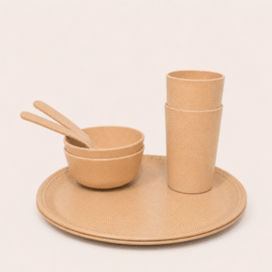 Eco-Friendly Kids Dinnerware 8 Piece Bamboo Plate Bowl Glass Spoon Set