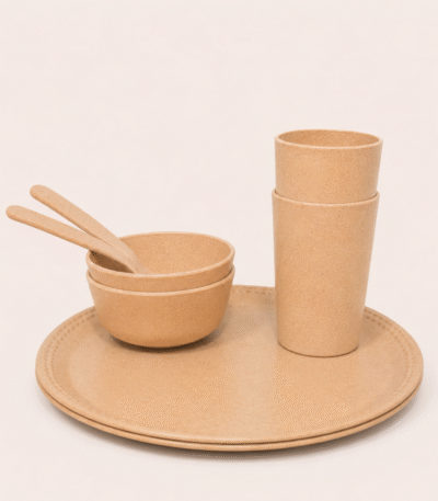 Eco-Friendly Kids Dinnerware 8 Piece Bamboo Plate Bowl Glass Spoon Set