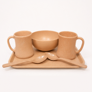 Bamboo Serving Gift Set with two bamboo coffee mugs, serving bowl, serving tray and matching spoons made from eco-friendly bio-composite by Pacing Grass.