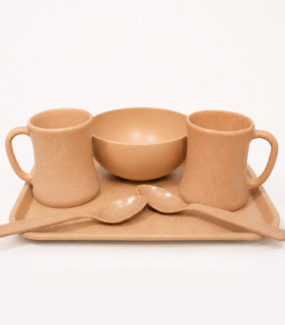 Bamboo Serving Gift Set with two bamboo coffee mugs, serving bowl, serving tray and matching spoons made from eco-friendly bio-composite by Pacing Grass.