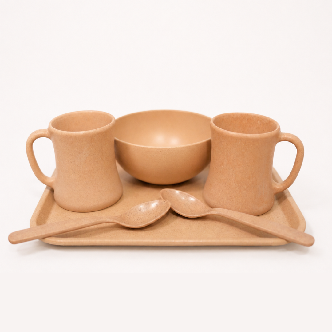 Bamboo Serving Gift Set with two bamboo coffee mugs, serving bowl, serving tray and matching spoons made from eco-friendly bio-composite by Pacing Grass.