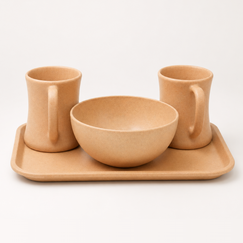 Bamboo Breakfast Serving Set with 2 coffee mugs, 500ml bowl and bamboo serving tray by Pacing Grass