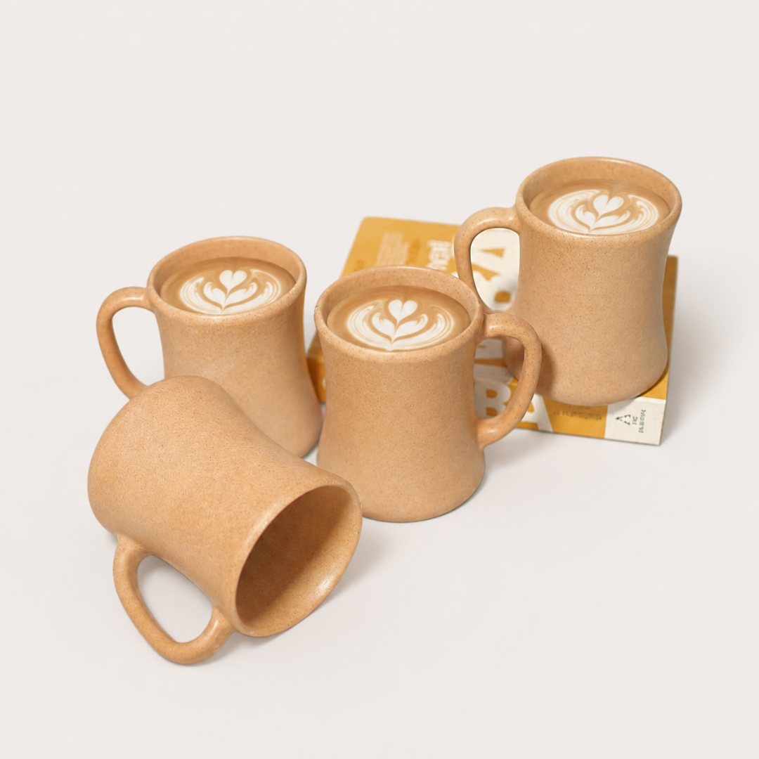 Family Coffee Mug Set of 4 made from patented bamboo bio-composite with ergonomic handles.