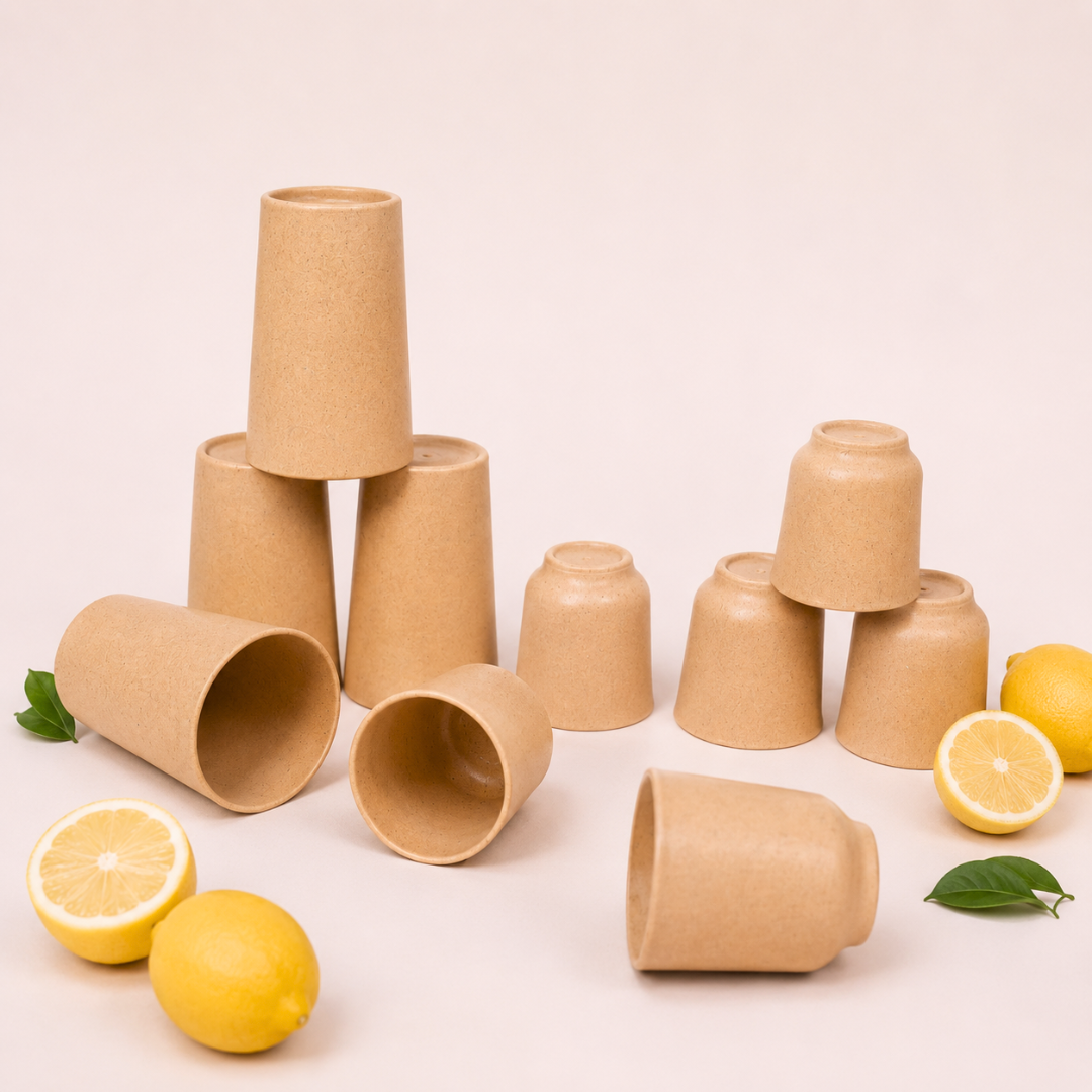 Bamboo Glass and Cup Set with 4 glasses and 6 kullads made from bamboo fibre bio-composite for tea, coffee, water and juice