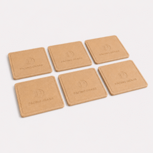 Bamboo Coasters Set of 6 in sandy brown matte finish on a wooden table