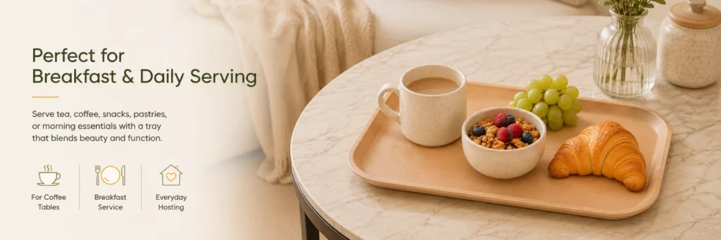 Bamboo bio-composite serving tray with coffee, snacks and breakfast items