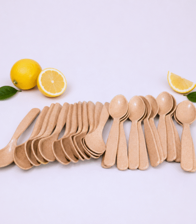 Reusable Bamboo Spoon Set with 24 dishwasher-safe bio-composite dining spoons made from bamboo fibre, rice husk and coffee husk.