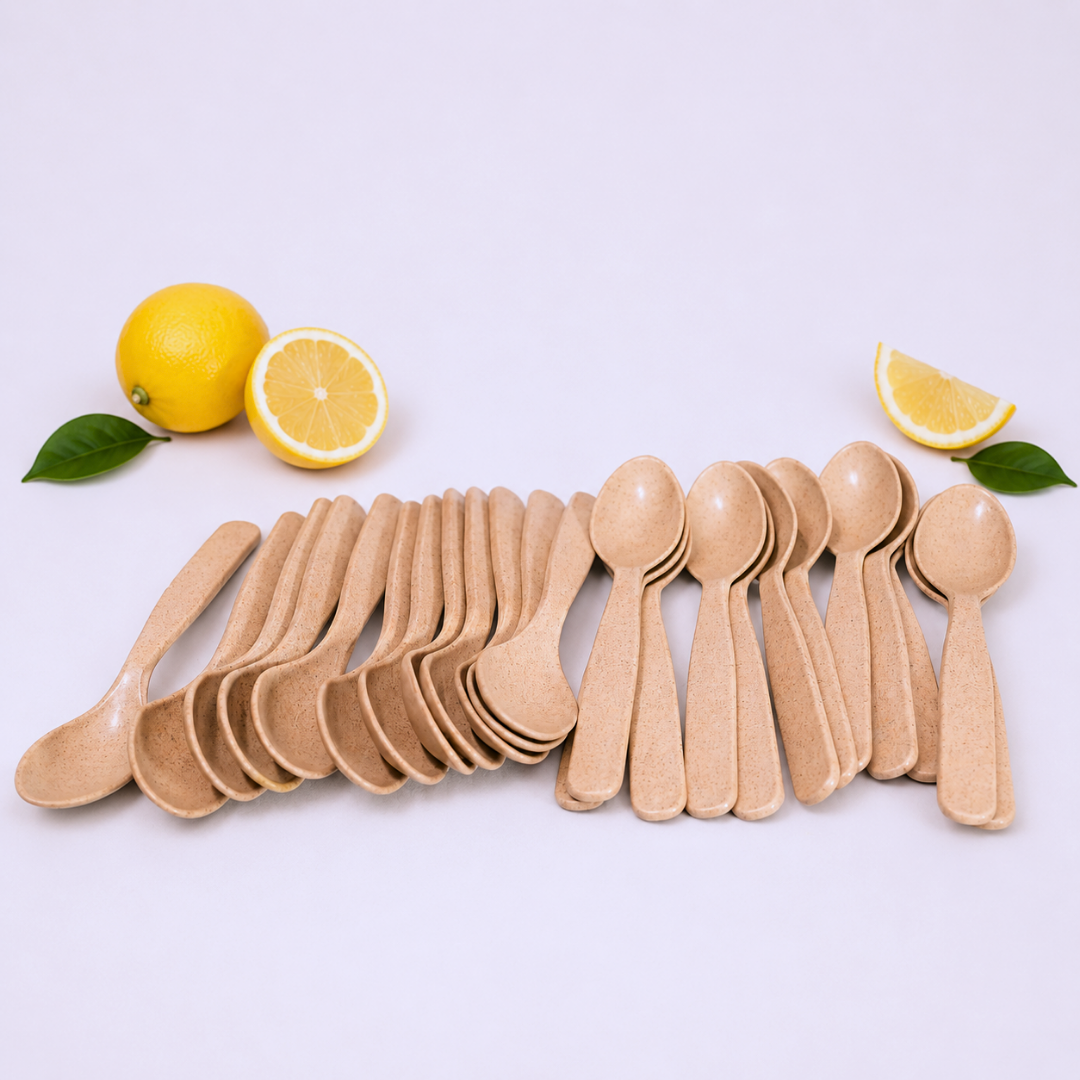 Reusable Bamboo Spoon Set with 24 dishwasher-safe bio-composite dining spoons made from bamboo fibre, rice husk and coffee husk.