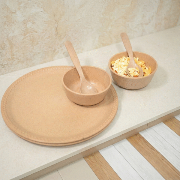 Set of 2 Microwave Safe Bamboo Plates, Bowls & Spoons
