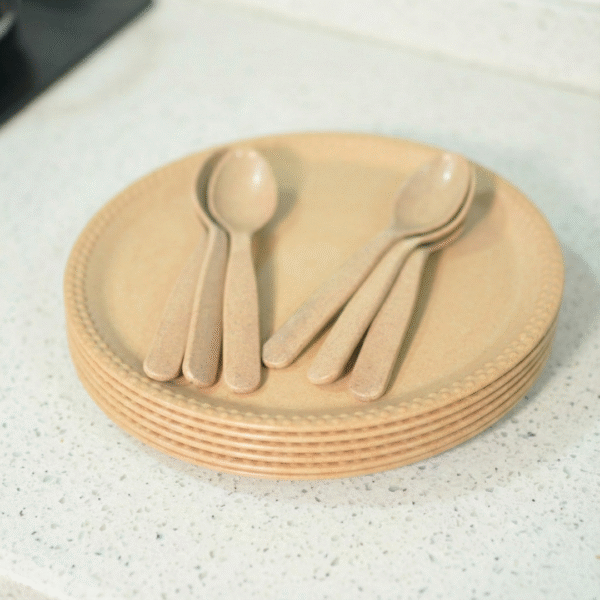 12 Pack Bamboo 10.5" Plate & Spoon Set - Microwave Safe