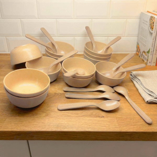 Set of 12 Microwave Safe Bamboo Bowls & Spoons 300ml