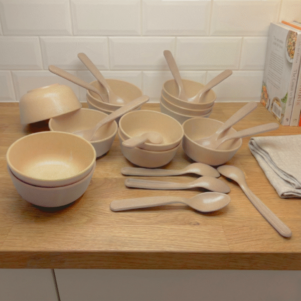 Set of 12 Microwave Safe Bamboo Bowls & Spoons 300ml