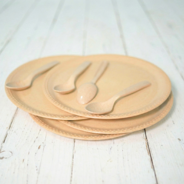 8pc Microwave Safe Bamboo 10.5" Dinner Plate & Spoon Set