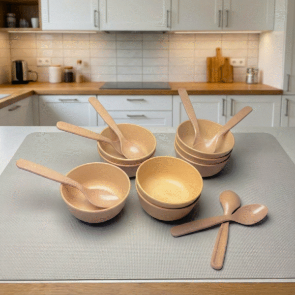 Set of 8 Microwave Safe Bamboo Bowls & Spoons 300ml