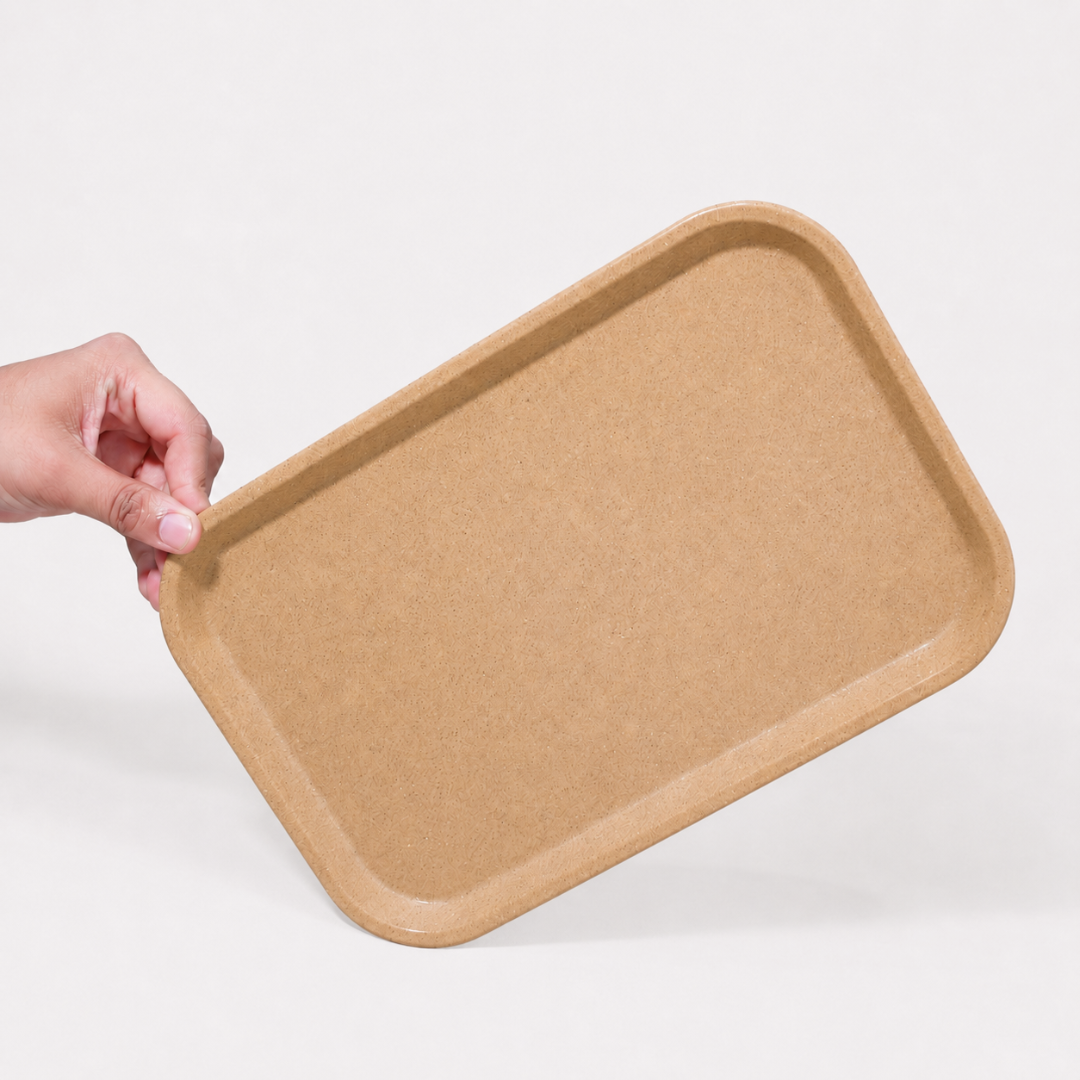 Bamboo serving tray in sandy brown made from patented bio-composite material