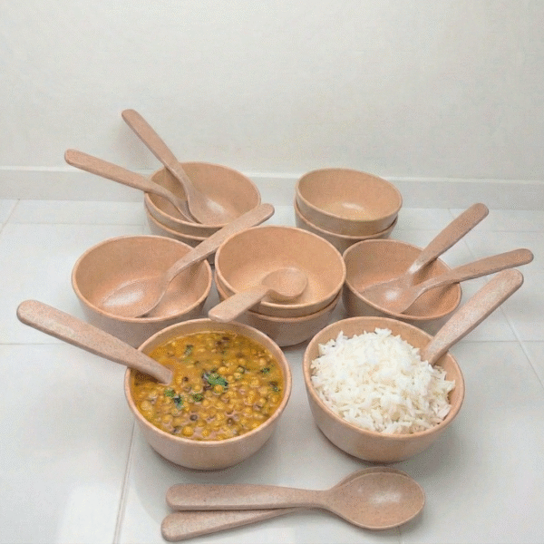 Set of 10 Microwave Safe Bamboo Soup Bowls & Spoons