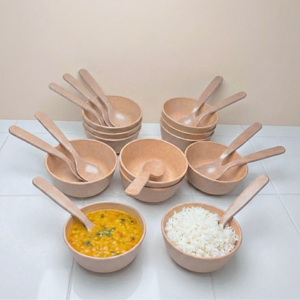Set of 12 Microwave Safe Bamboo Bowls & Spoons 300ml
