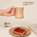 Made in India bamboo coffee mug and breakfast plate set with toast and jam