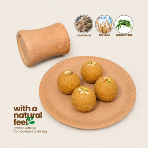 Bamboo and crop waste bio-composite snack plate with coffee mug and Indian sweets