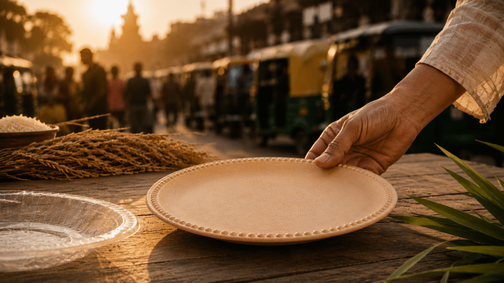 Hand placing a bio-composite plate beside a plastic plate in a sunlit Indian market, symbolizing sustainable change.