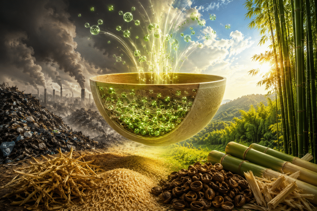 arbon locking in a bamboo bio-composite bowl storing atmospheric carbon.