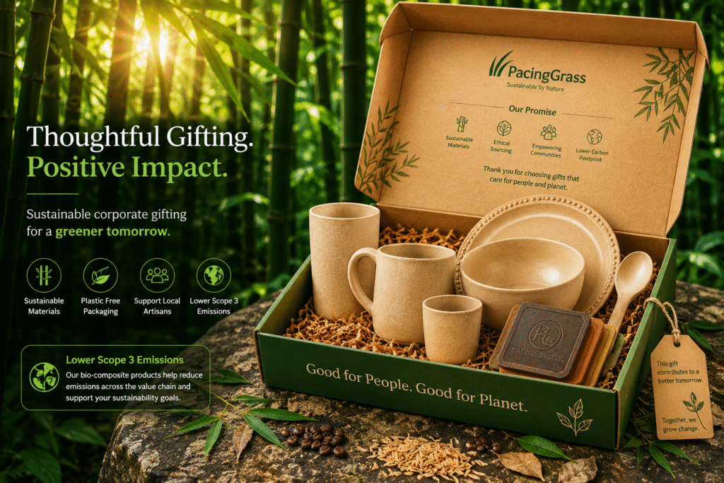Sustainable corporate gifting in India with Pacing Grass bamboo bio-composite products, eco-friendly gift box, carbon-negative tableware, plastic-free alternatives, and Scope 3 emissions reduction solutions.