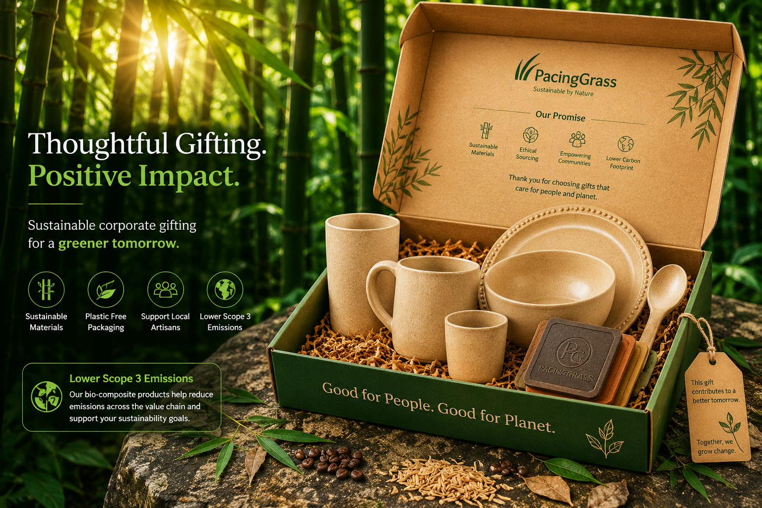 Sustainable corporate gifting in India with Pacing Grass bamboo bio-composite products, eco-friendly gift box, carbon-negative tableware, plastic-free alternatives, and Scope 3 emissions reduction solutions.