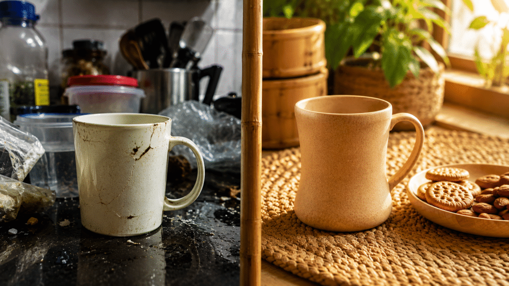 Cracked plastic coffee mug vs. eco-friendly bamboo coffee mug representing sustainable breakfast choices.
