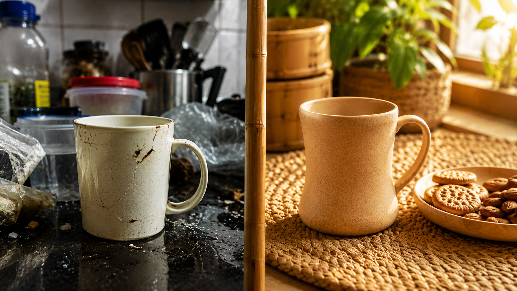 Cracked plastic coffee mug vs. eco-friendly bamboo coffee mug representing sustainable breakfast choices.
