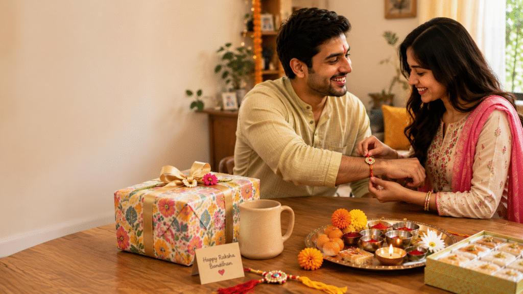 Indian brother and sister celebrating Raksha Bandhan with an eco-friendly Rakhi Gifts for Sister