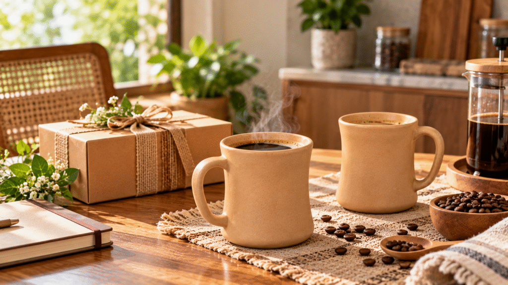Gift ideas for coffee lovers featuring Pacing Grass bamboo coffee mugs