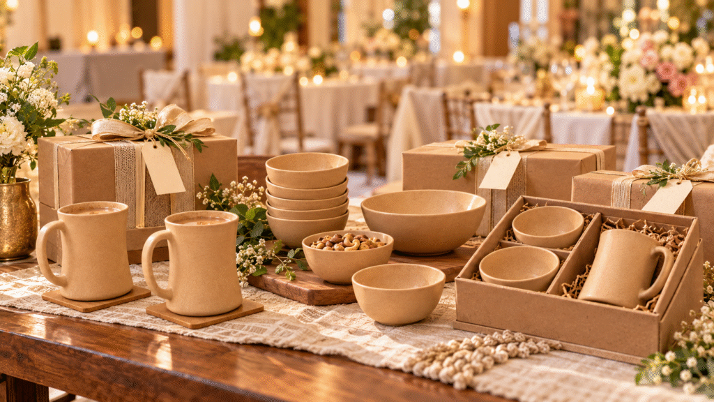 Eco-friendly wedding return gifts with bowls and coffee mugs
