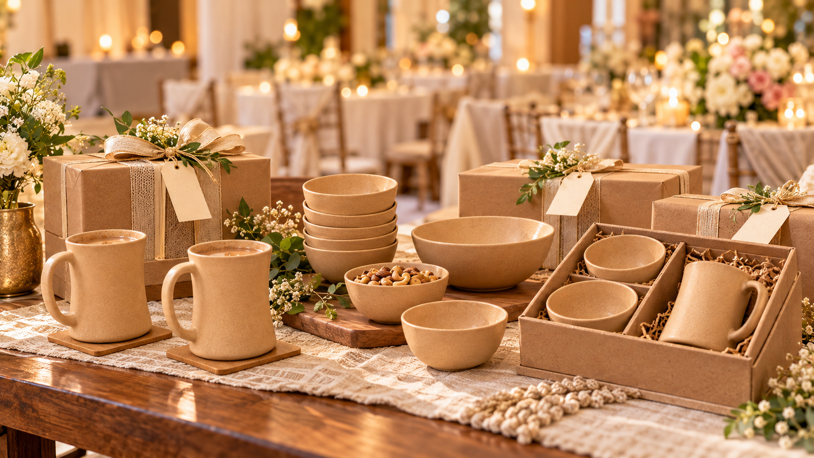 Eco-friendly wedding return gifts with bowls and coffee mugs