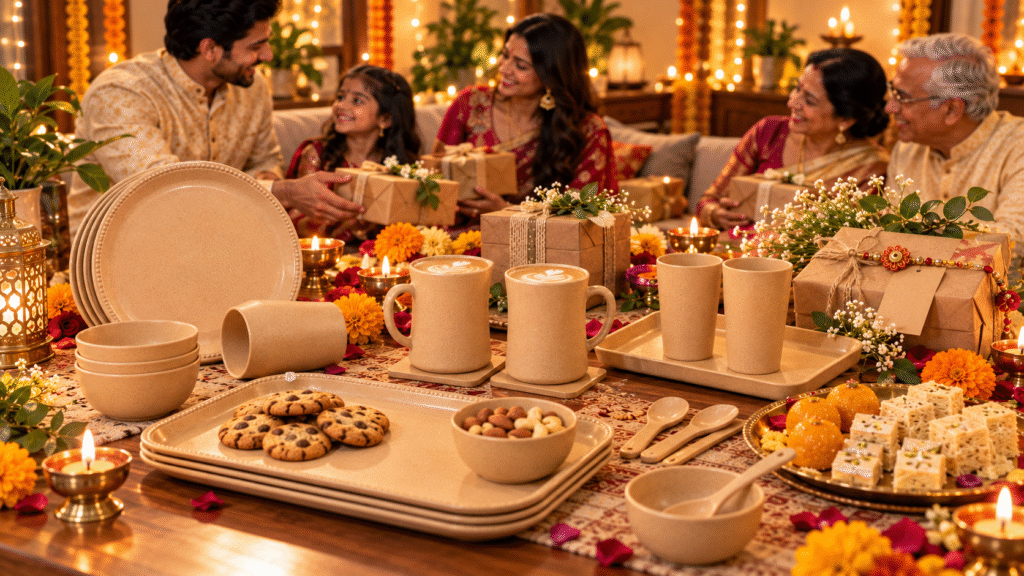 Diwali gifts under 1000 with Pacing Grass bamboo mugs, bowls and serving sets